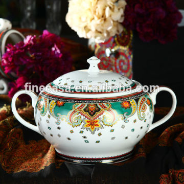 Luxury Fine Hyper White Porcelain 3.5L Ceramic Soup Tureen with Lid of Paisley