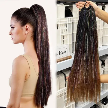 Color Ombre Synthetic Ponytail Hair Bulk Extensions with Braiding Mixled Tinsel Glitter - 24 Inch, 100G
