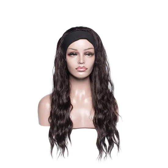 Wholesale Long Dark Brown Wavy Wig Headband Wig with Black Scarf Attached  Head-Wrap Wig 2in 1with Hook and Loop Fastener 22inch
