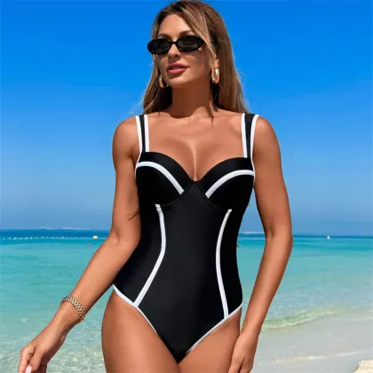 High-End Black and White Striped High Waist Swimsuit