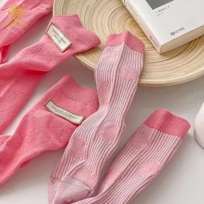 Korean Pink Mid Socks Handmade Label Sports Socks