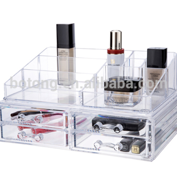 PS Acrylic Makeup Organizer: 4-Drawer Cosmetic Storage Display Box Set - Two Pieces with Stackable Desktop Stand