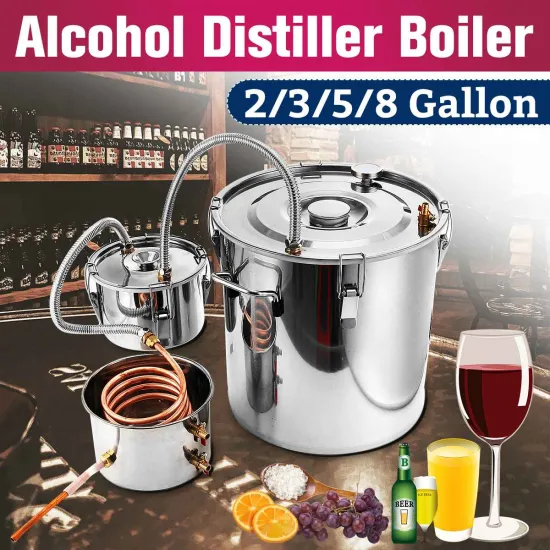 2/3/5/8 Gallons Distiller Moonshine Alcohol Distiller Stainless Copper Tube Home Water Wine Essential Oil Brewing Kit with Keg