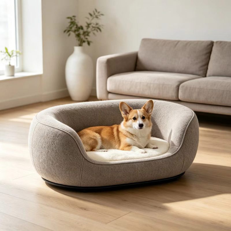Premium Oval Dog Bed | Minimalist Luxury Pet Sofa | Soft Wool-Like Fabric | Light Gray with Ivory Lining | Matte Black Metal Tri