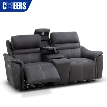 MANWAH CHEERS: Premium Gray High-Tech Fabric Loveseat with LED Reclining Function and Console - Modern Sofa Design