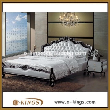 Luxury carving wooden frame white pu leather bed for sale