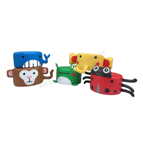 Cartoon-Themed Children's Indoor Play Area with Circular Stools and Soft Equipment