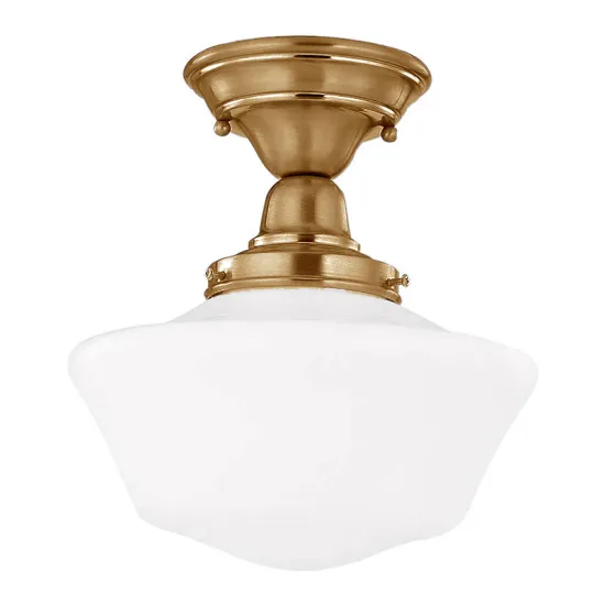 14 Inch Semi Flushmount Antique Brass Schoolhouse Ceiling Light with Opal White Glass Shade