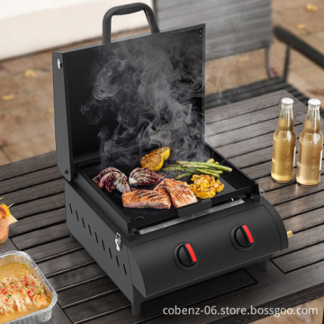 Portable Tabletop Gas Barbecue Plancha Grill Mini Steel Double Burner Gas Bbq Flat Top Grill