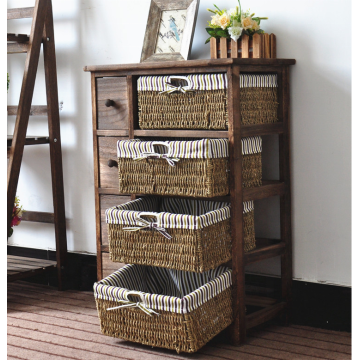 4 Tier Wood Cabinet With Drawers Rattan Basket