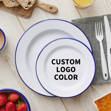 Wholesale Custom Size Vintage Matte White Camping Enamel Dinner Plates with Black Rim