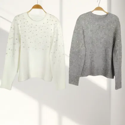 Soft White and Off-White Beaded Embroidery Sweater