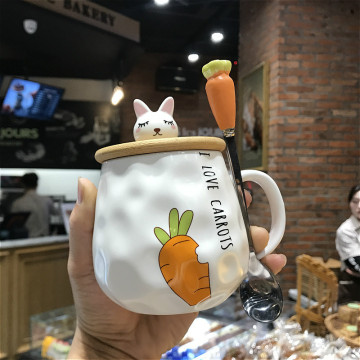 300-400ml Cute Rabbit Mug GIRL'S Cartoon Ceramic with Lid Spoon Carrot Glass Breakfast Milk Gift Cup 4 Styles Fresh Coffee Cup