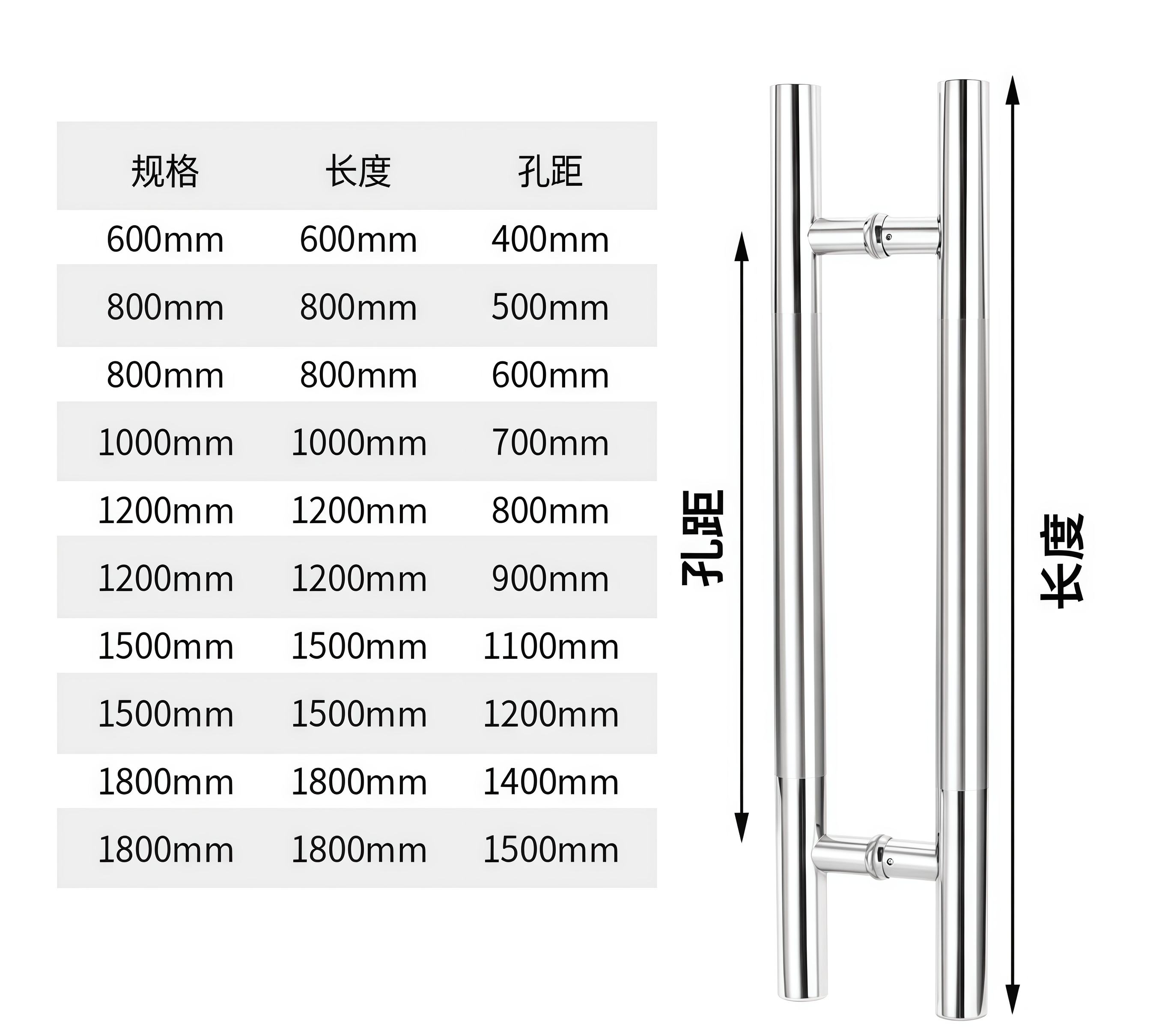 Dimension diagram for ALS001 H-type door handle sizes and hole spacing