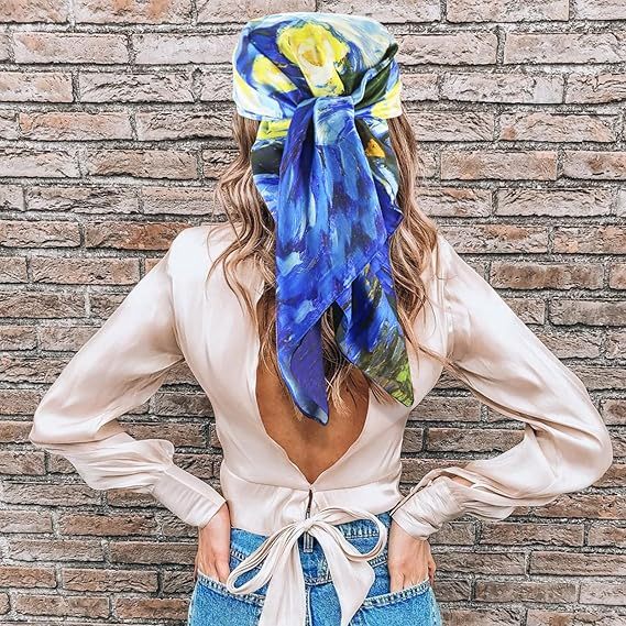 100% Mulberry Silk Scarf-Printed 35" Square Large Silk Hair Head Wrap Scarf