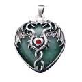 Green Aventurine Heart Antique Silver Double Dragon Stone Pendant (32x42mm) Keychain