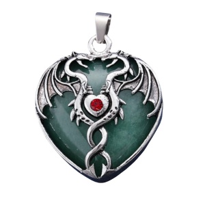 Green Aventurine Heart Antique Silver Double Dragon Stone Pendant (32x42mm) for DIY Making Jewelry