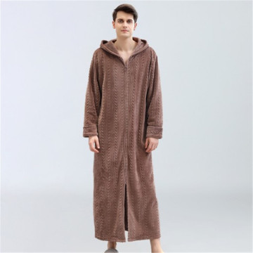 Long Hooded Men's Bathrobe Flannel Zipper Warm Sleepwear Luxury Stripe Solid Robes Loose Maxi Nightgown Bath Robe Badjas DS50980