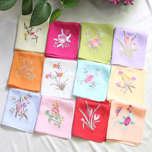 Hand Embroidery Floral Silk Handkerchief Vintage Flower