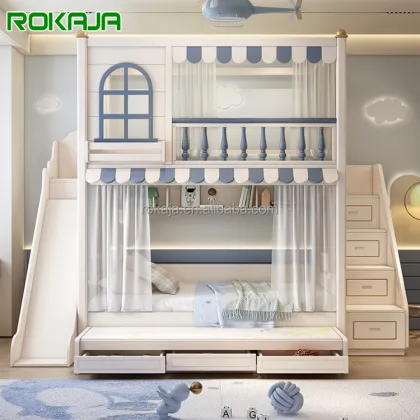 New Design Modern Children's Room Bunk Beds with Bookshelf and Slide Bed