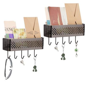 Metal Wall Storage Basket with Key Hooks