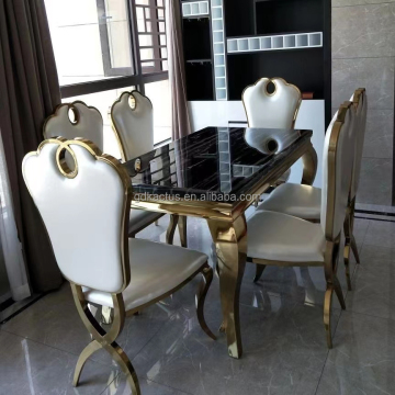 Golden Marble Top Stainless Steel Dining Table Set with 8 Chairs