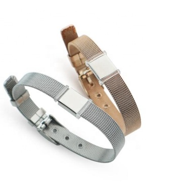 Iywu Aceon Stainless Steel Flat Watch Mesh Band with Custom Rectangle Blank Slide Charm Bracelet, 10mm
