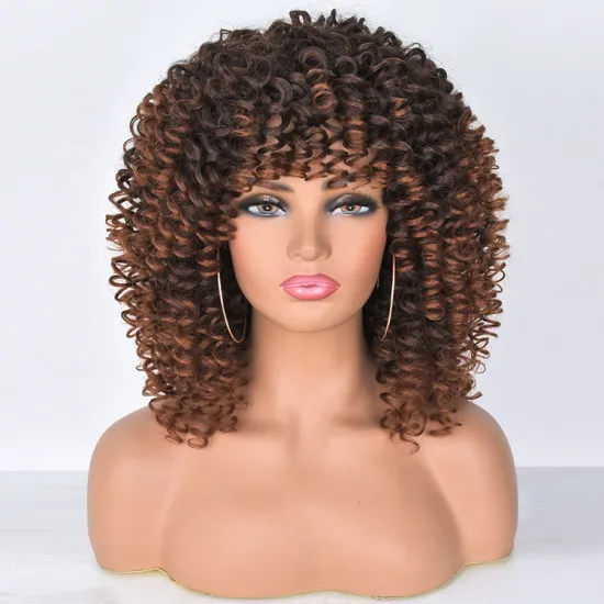 wholesale Natural color synthetic short curly wig vendors Afro Heat Resistant fiber kinky curly with bangs wigs for black women