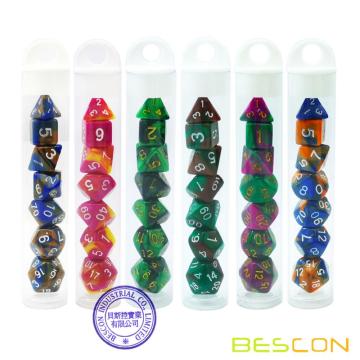 Bescon Mini Two Tone Polyhedral RPG Dice Set 10MM, Juego de dados pequeños D4-D20 en tubo, 6 nuevos colores surtidos de 42 piezas