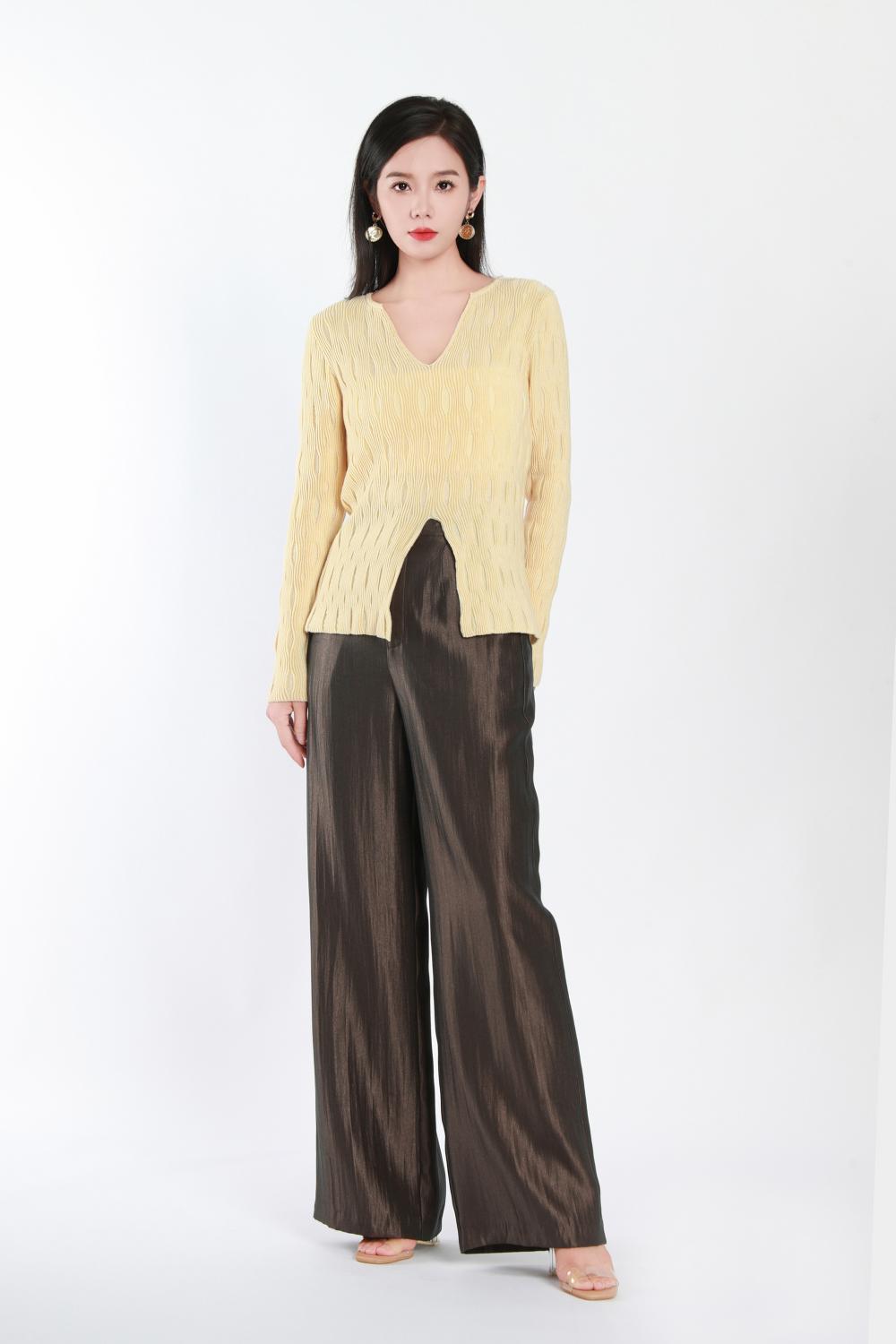 Women's Brown And Grey Woven Wide-Leg Trousers