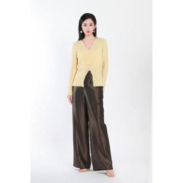 Women's Brown And Grey Woven Wide-Leg Trousers