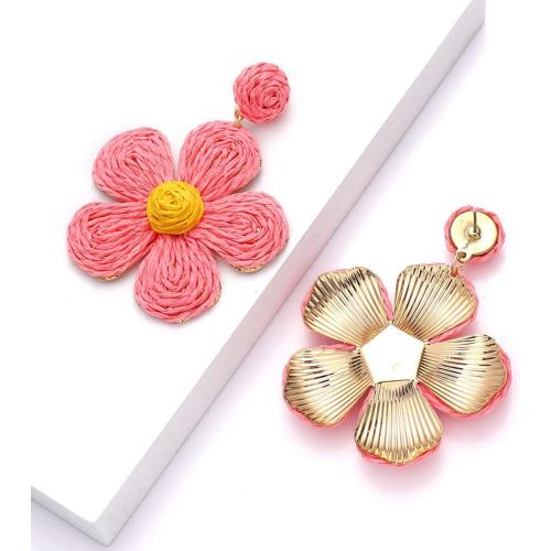 Raffia Earring Boho Handmade Woven Straw Rattan Flower Drop Earrings Geometric Lantern Dangle Earrings for Women Girls Summer Be