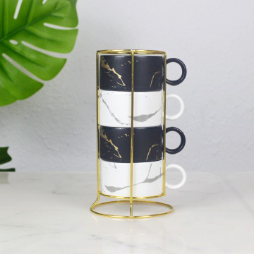 Set of 4 180ml Ceramic Stackable Mugs with Wooden Saucers and Black Stands - Marble Design