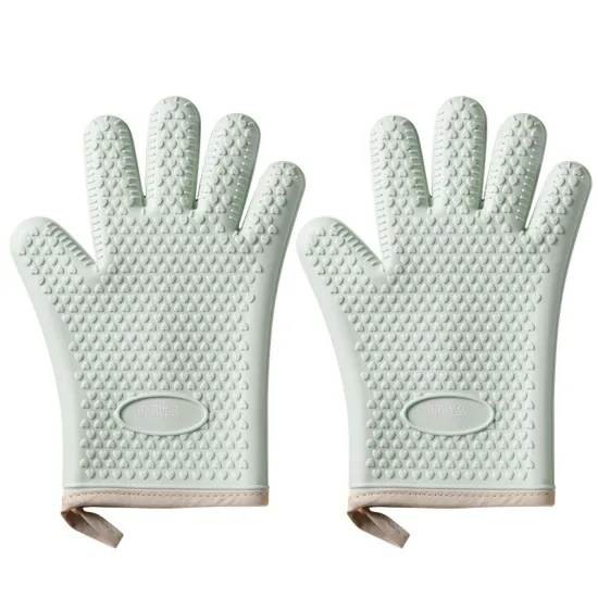 Light Green Heat Resistant Silicone Oven Gloves - Non-Slip Microwave Mitt BBQ Tool