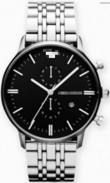 43mm Polished Silver Stainless Steel Chronograph Men Watch Minimal Black Stick Index Dial Date Window Hidden Butterfly Deploymen