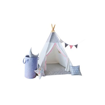 Kindergrauweiß-Tipi mit Kissen und Korb