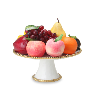 Ceramic White Cake Serving Plate with Gold Rim and High Feet