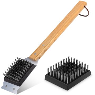 Durable Outdoor BBQ Cleaner Tools Wood Handle Bristle Free Scraper Head Wire Cleaning Grill Brush