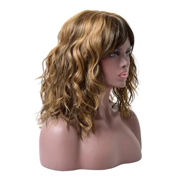 Hot Selling Heat Resistant Ombre Brown Black Blonde Pink Silky Curly Wig For Women Synthetic Short Water Wavy Wigs With Bangs