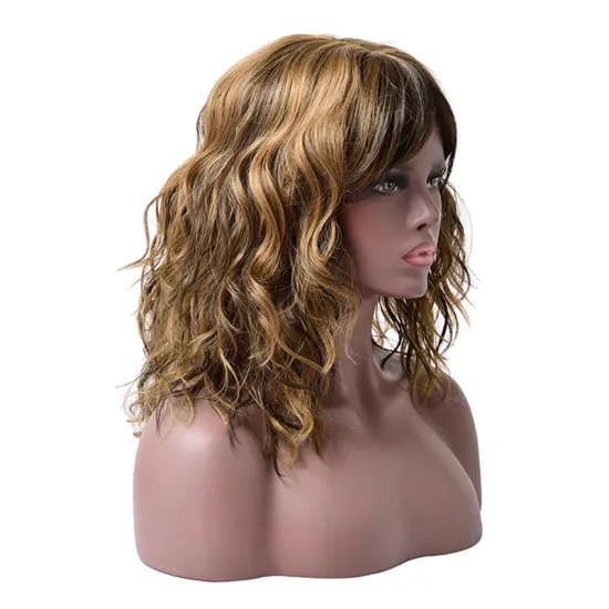 Hot Selling Heat Resistant Ombre Brown Black Blonde Pink Silky Curly Wig For Women Synthetic Short Water Wavy Wigs With Bangs