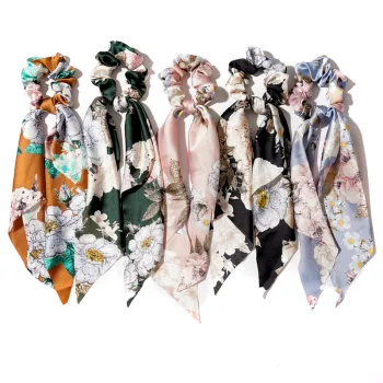 Floral Satin Silk Hair Scarves and Hair Bands for Women: Fashionable Hair Accessories with Long Tails and Large, Printed Flowers