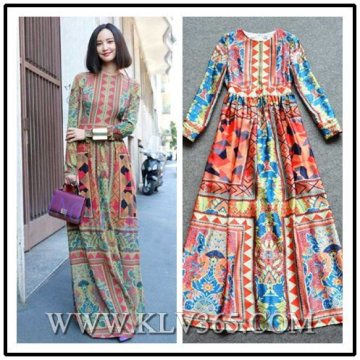 Woman Fashionable Round Collar Long Sleeve Long Gown Dress