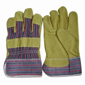 Safety gloves, pig split leather, striped cotton back and cuff