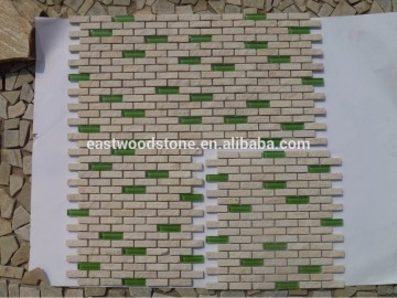 yellow slate strip with green glass mosaic tile for wall