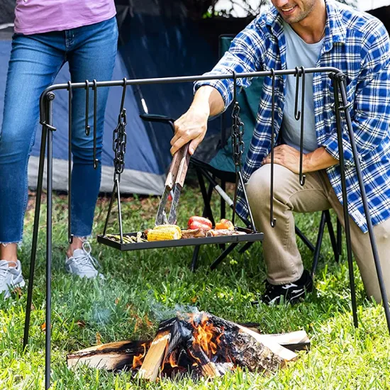 Outdoor Adjustable Collapsible BBQ Grill Swing Campfire Cooking Stand bonfire Camping Fire Tripod Hanging Pot Stand BBQ Rack