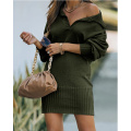 Women's Fall Lapel Pullover Sweater Dress