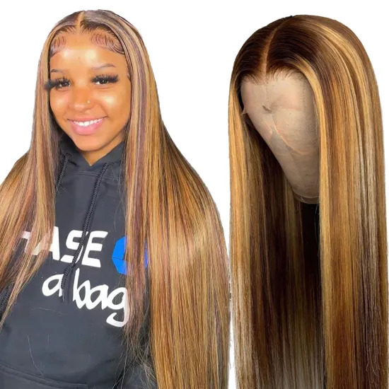 Ombre Honey Brown Color Highlight Body Wave Full Mink Pre Plucked Cuticle Aligned Human Hair HD Lace Front Wigs