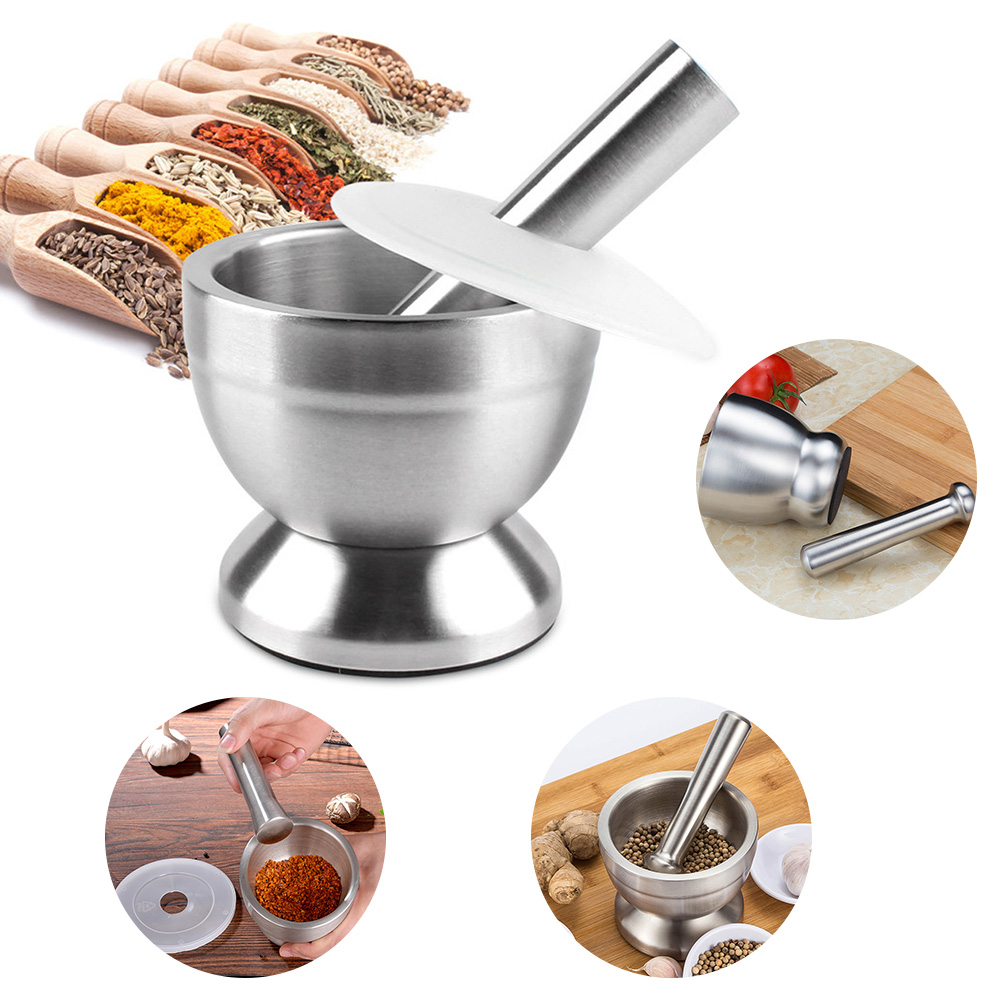 304 Stainless Steel Metal Mortar Salt And Pestle Pedestal Bowl Garlic Press Pot Herb Mills Pepper Spice Grinder Pot High Quality