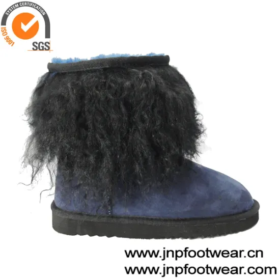 Lamb Fur Collar Fur Lined Navy Blue Leather Boots Women