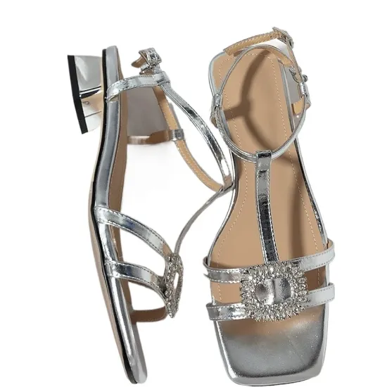 2024 Summer New Rhinestone Low Heel Sandals: Elegant Women's Shoes in Silver for Outdoor and Beach Use